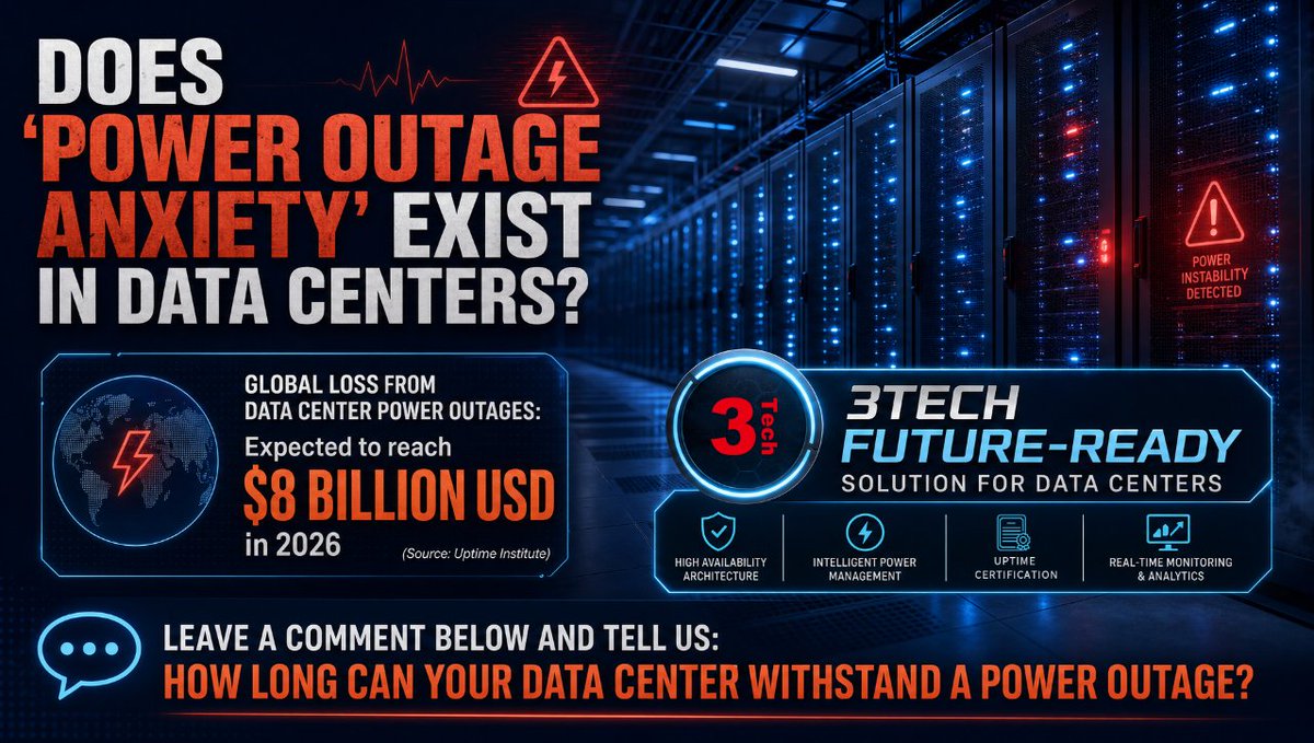 3Tech_Corporate's tweet photo. Does"power outage anxiety"exist in data centers?The global loss caused by power outages in data centers is expected to reach 8 billion US dollars in2026(source:Uptime Institute).Leave a comment in the section below ,tell us how long your data center can withstand a power outage? https://t.co/xnjzo5qL0t
