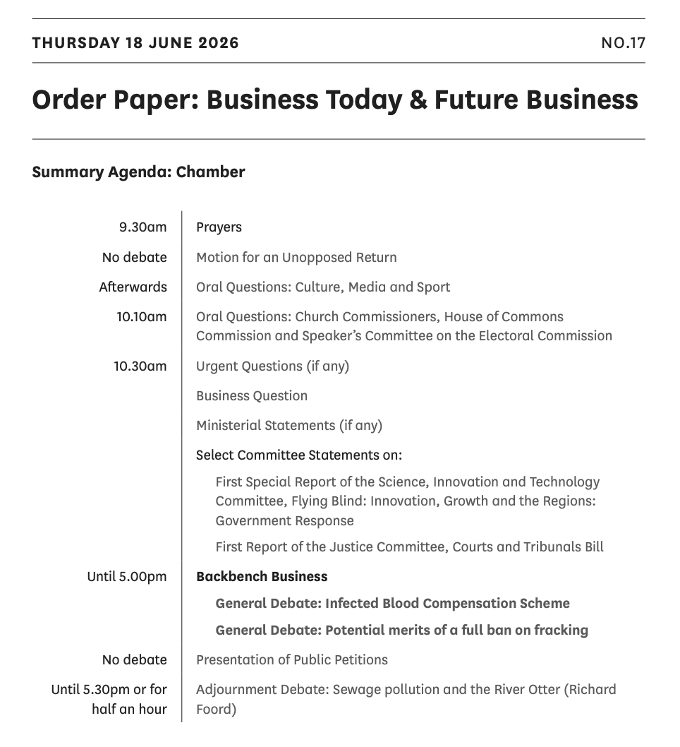 House of Commons Order Paper Thursday 18 June 2026, link in post for full Order Paper.