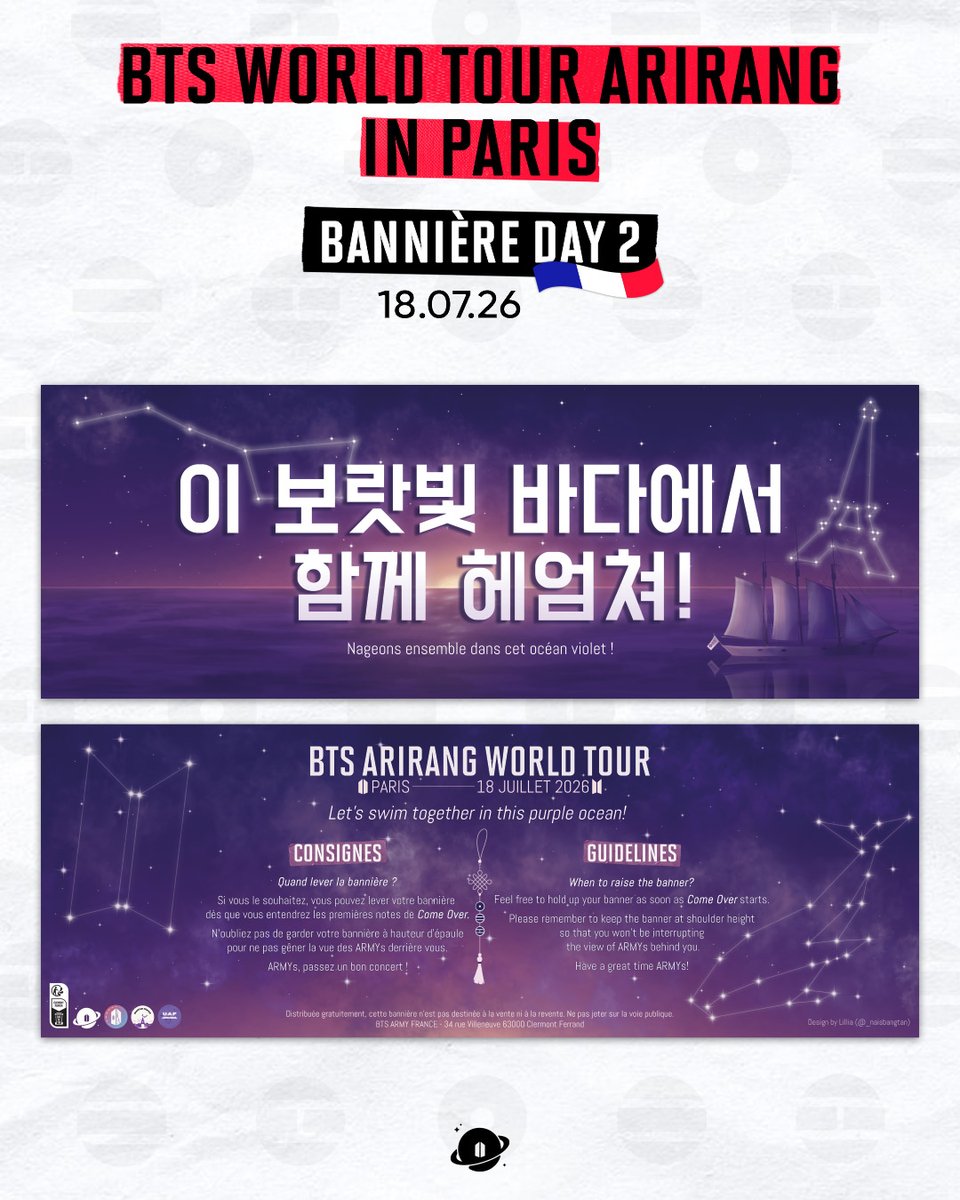 ARMYFRANCE_'s tweet photo. [@BTS_twt x Projets concerts]

ARMYs,

Nous avons le plaisir de vous dévoiler les visuels finaux des bannières pour les concerts de BTS à Paris, les 17 et 18 juillet prochain. Merci à toutes les personnes qui ont participé et partagé leurs créations ✨

Live Nation nous a informé qu’ils ne pourront malheureusement pas nous aider pour la distribution des bannières comme les années précédentes. 

La distribution principale se fera par un prestataire que nous allons financer de nos fonds propres. En complément et afin de distribuer les bannières restantes dans les meilleures conditions, nous avons besoin de bénévoles pour nous aider.

Si vous pensez pouvoir nous aider, même pour un court moment, n'hésitez pas à remplir le formulaire ci-dessous. Nous vous remercions par avance 💜

🔗 https://t.co/mdXBxieleg

Nous vous communiquons également des nouvelles concernant le projet du tifo lumineux qui doit malheureusement être annulé. Vous trouvez toutes les informations dans le visuel.

Enfin, le projet annexe portant sur le chant Arirang durant 'Body to Body' sera soutenu par la distribution par nos équipes, de photocards avec les paroles romanisées au dos !

Nous avons hâte de vivre ces concerts ensemble 💫

@BTSFRANCE_ @BTS_France_twt @UAFvotesxCharts
#BTS #BTS_ARIRANG
#bts_worldtour_arirang