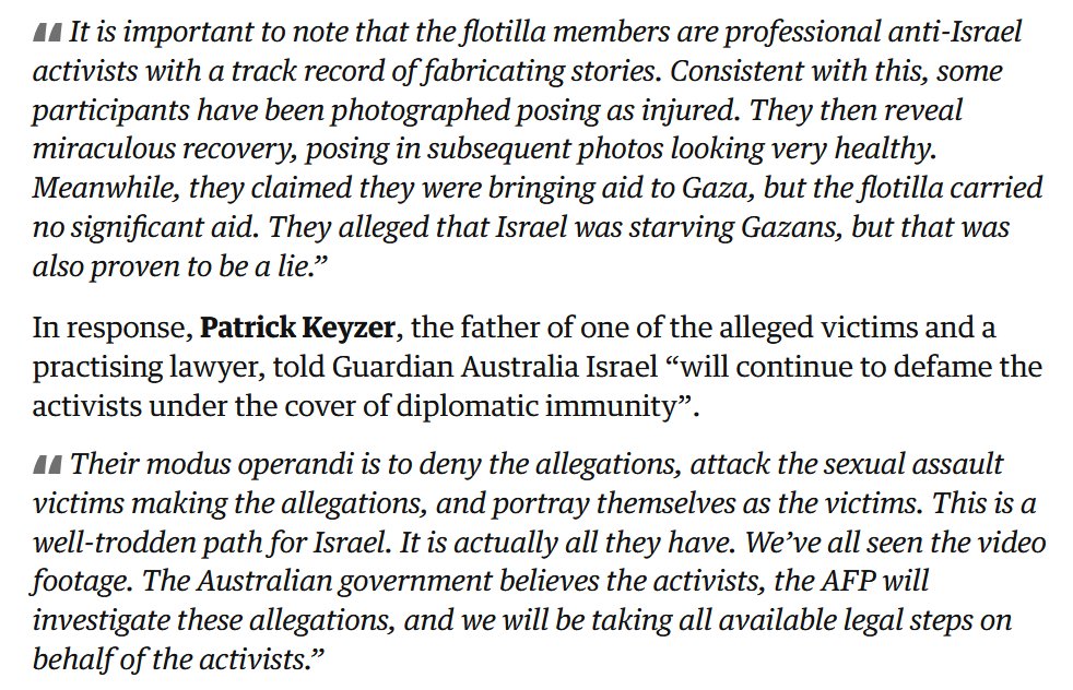 KateEmersonBri's tweet photo. The Israeli embassy in Australia has claimed sexual assault allegations by Australian members on a humanitarian flotilla attempting to bring aid to Gaza are part of a “coordinated international smear campaign against  Israel” more to do with “political point scoring than genuine humanitarian concern”.