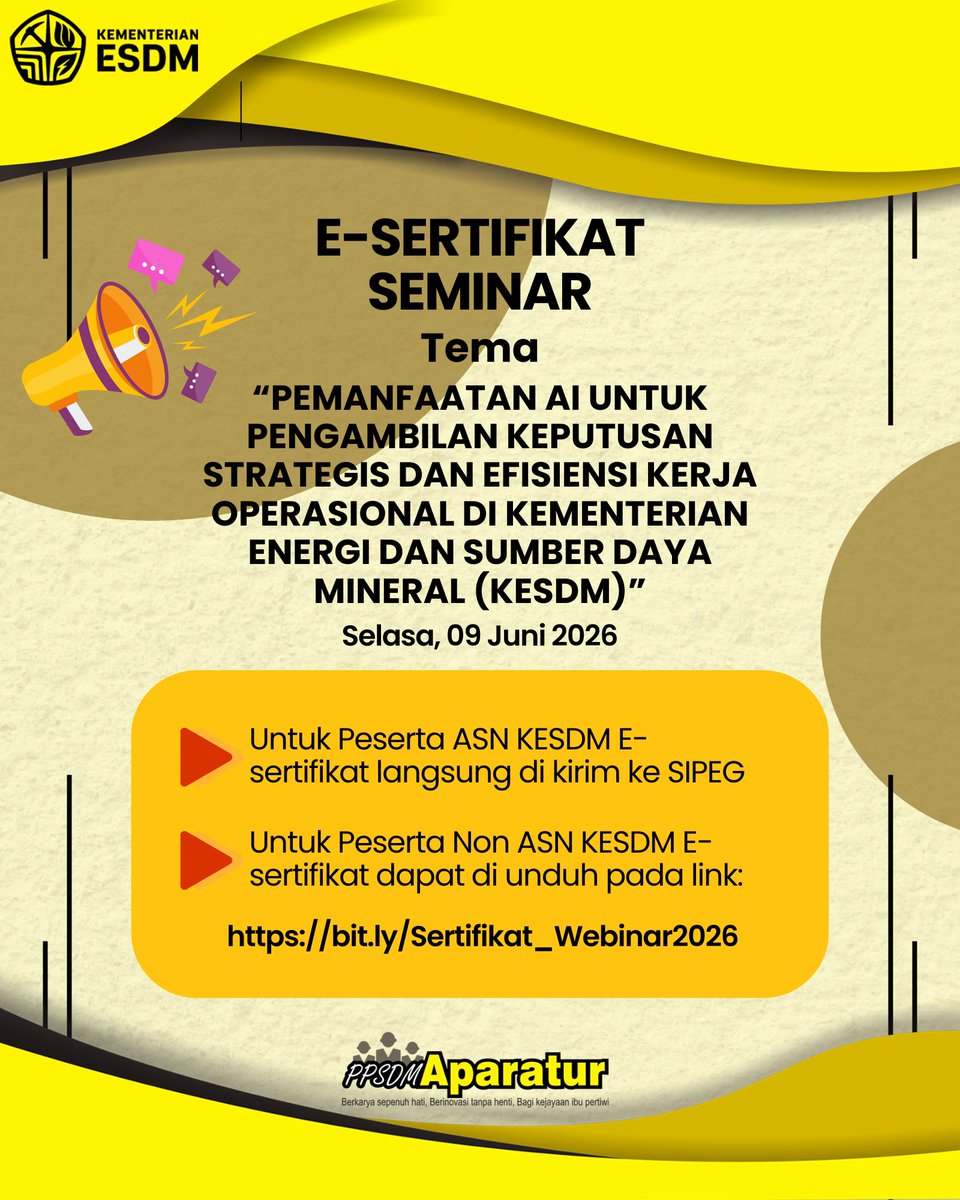 ppsdmaparatur's tweet photo. Webinar dengan tema 🌟Pemanfaatan AI untuk Pengambilan Keputusan Strategis dan Efisiensi Kerja Operasional di Kementerian Energi dan Sumber Daya Mineral (KESDM)🌟

>>Untuk Peserta Non ASN KESDM E-sertifikat dapat di unduh pada link di bawah:
🔗 https://t.co/cAsC3WMUJ7 https://t.co/wQky7bFZXm
