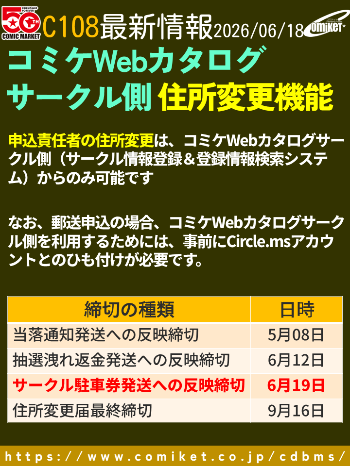 住所変更】 コミケWebカタログ／サークル側(サークル情報登録＆当落