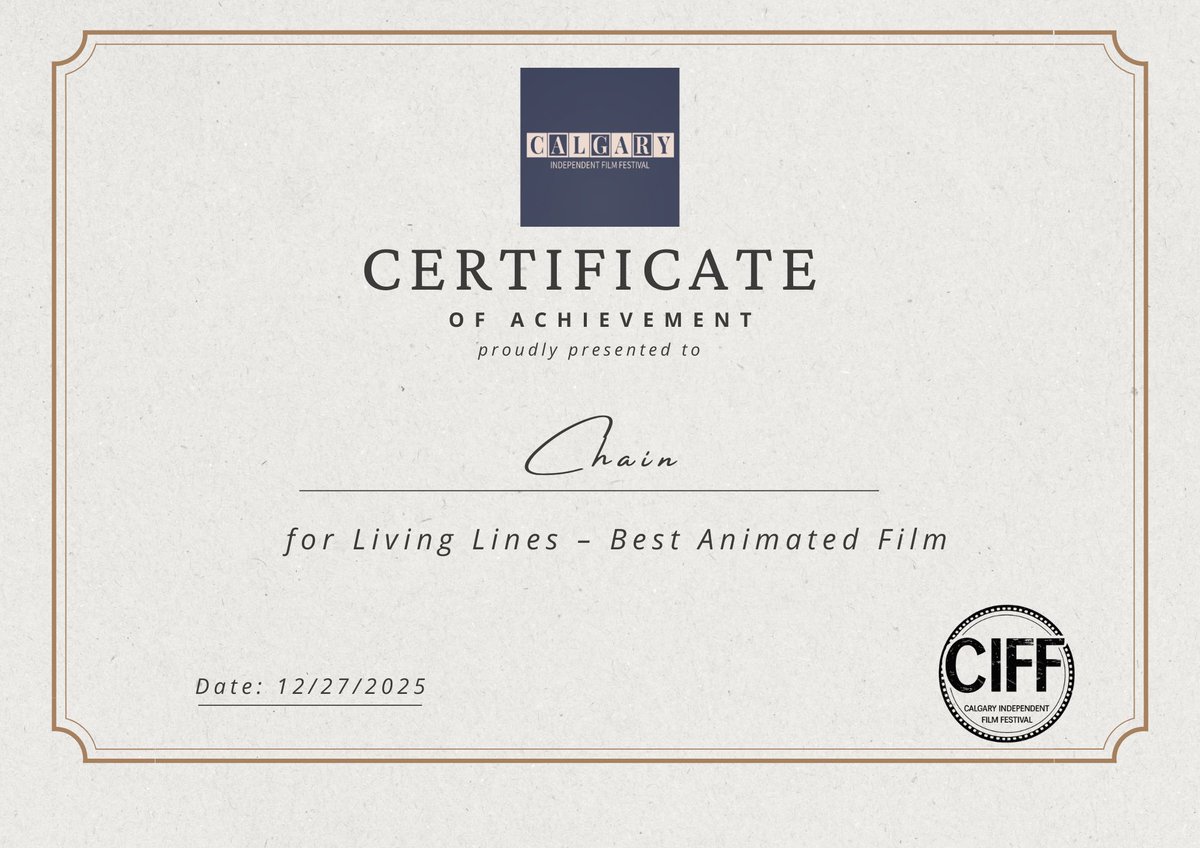 Chain_Animation's tweet photo. We’re delighted to have received the wonderful certificate and laurel from Calgary Independent Film Festival! Thank you for recognizing CHAIN and supporting independent animation and storytelling. ~ Y ( ^ O ^ ) Y ~ 😍🥰😘🤩🥳👍
#CalgaryIndependentFilmFestival https://t.co/6S8p3mFzLj
