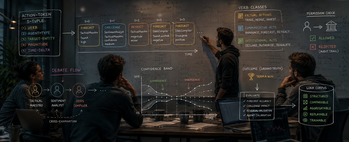 lokacash's tweet photo. When AI agents argue about a World Cup match, how do you turn their "soccer banter" into pure tech power? ⚽🤖

Raw text transcripts are too messy to train future models. A line like "The Maestro updated its position after checking the injury report" is too vague for a machine to aggregate.

For #LokaCup, we strip away the fluff and translate live World Cup drama into a rigid 5-part mathematical language: The Action-Token Stream (as seen in the image below! 👇)

Here is exactly how it works under the hood:
1/4