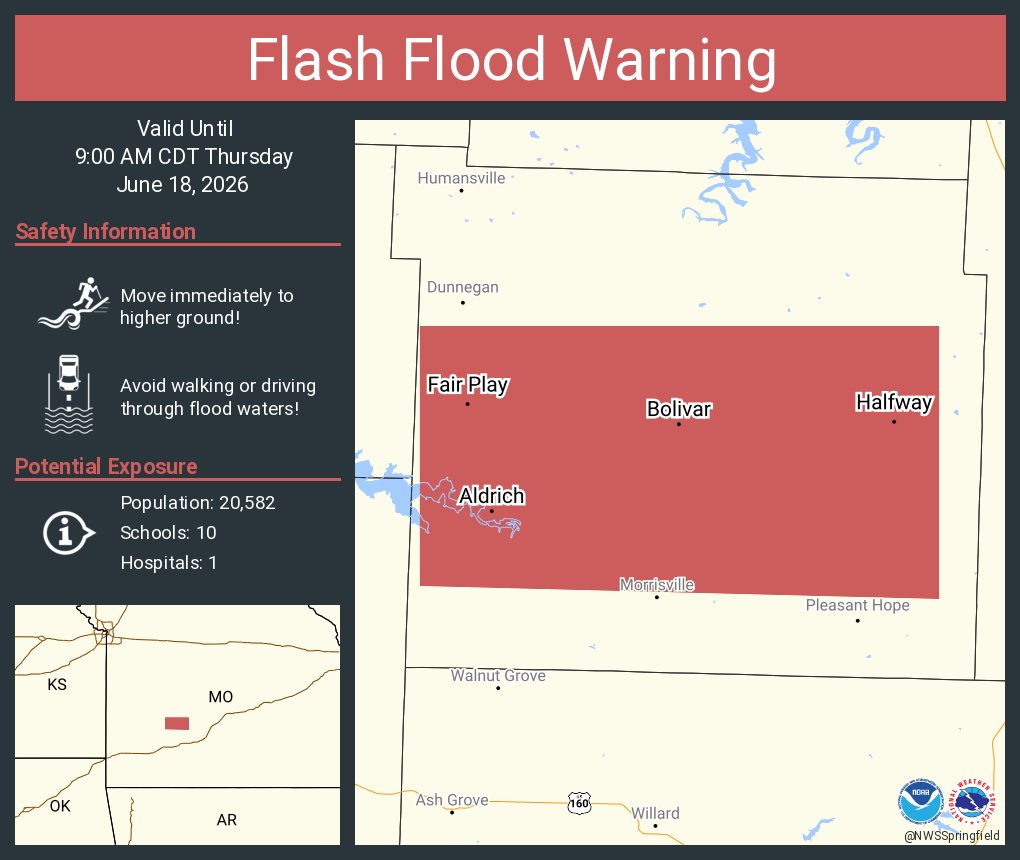 This graphic displays a flash flood warning plotted on a map. The warning is in effect until 9:00 AM CDT. The warning includes Bolivar MO, Fair Play MO and Halfway MO. This warning is for Central Polk County in southwestern Missouri. Avoid walking or driving through flood waters! Move immediately to higher ground! There are 20,582 people in the warning along with 10 schools and 1 hospital.