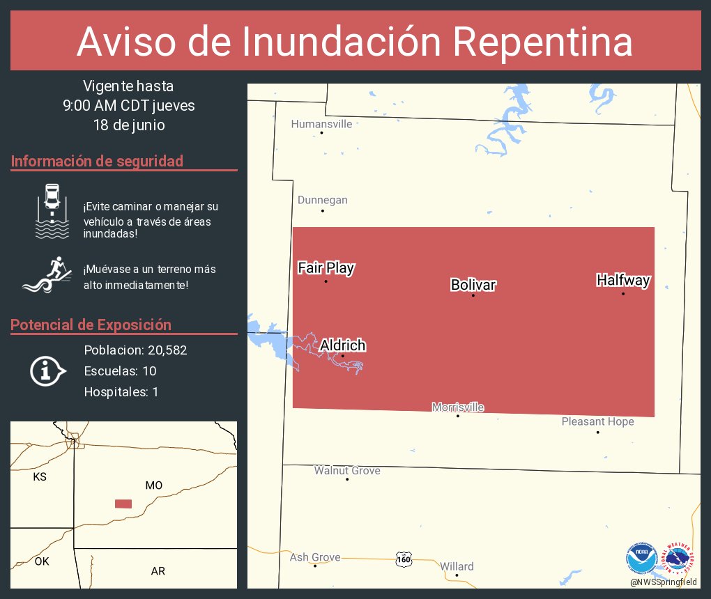 Este gráfico muestra la localización en el mapa de un aviso de inundación repentina. El aviso estará en efecto hasta las 9:00 AM CDT. El aviso incluye a Bolivar MO, Fair Play MO, Halfway MO. El aviso incluye el centro del condado de Polk en el suroeste de Missouri. ¡Evite caminar o manejar su vehículo a través de áreas inundadas! ¡Muévase a un terreno más alto inmediatamente! Hay 20,582 personas bajo este aviso incluyendo 10 escuelas y 1 hospital.