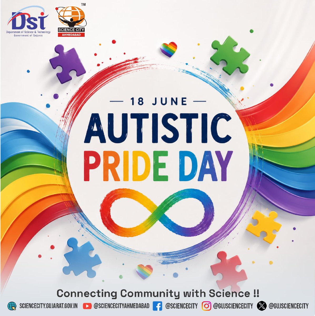 GujScienceCity's tweet photo. Autistic Pride Day 
Every mind is unique, every perspective matters. Let’s celebrate neurodiversity and create a world where everyone feels valued, respected, and included.
#AutisticPrideDay #Neurodiversity #InclusionMatters #AutismAcceptance #ScienceForAll #GujaratScienceCity
@PMOIndia @CMOGuj @GovernorofGuj @IndiaDST @DSTGujarat @InfoGujarat @drvrajesh @arjunmodhwadia @ED_GCSC