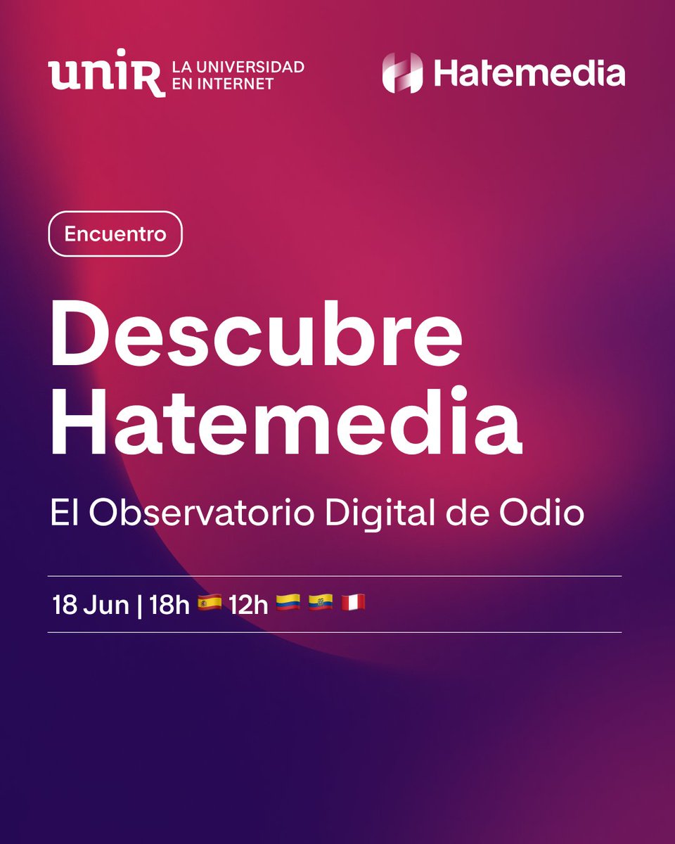 UNIRuniversidad's tweet photo. 📆📍💻 Hoy, en conmemoración del Día Internacional en la Lucha contra el Discurso de Odio, y junto al proyecto @HatemediaEs, ¡súmate al encuentro con expertos europeos!

➕ℹ️↪️ https://t.co/dDxUMi2KWG

👁️‍🗨️ Para analizar cómo se generan, difunden y monetizan las expresiones de odio en medios y redes sociales, y su impacto en la opinión pública.

✅  Inscríbete en el formulario y descubre cómo comprender, detectar y combatir el odio digital a través de estrategias basadas en investigación y análisis de datos.

👥 Durante la sesión se abordarán cuestiones clave como el lucro del odio, la guerra cognitiva y el impacto de estos discursos en la opinión pública. El evento contará con la participación de investigadores de referencia como Elias Said Hung @esaidh1979, @SArceG, Jacobo Herrero, Xiomara Blanco y Óscar De Gregorio Vicente (UNIR); Julio Montero Díaz (@Univ_Villanueva); y expertos internacionales invitados como Pablo Picazo Sanchez (Halmstad University), Matej Mikašinović-Komšo (University of Zagreb / Sveučilište u Zagrebu), Pedro Jerónimo (Universidade da Beira Interior) y Valerio Basile (University of Turin).

¡Te esperamos! ⏳

#UNIR #Hatemedia #NoAlOdio #Odio #Comunicación #RedesSociales #Investigación

CC @inmaber