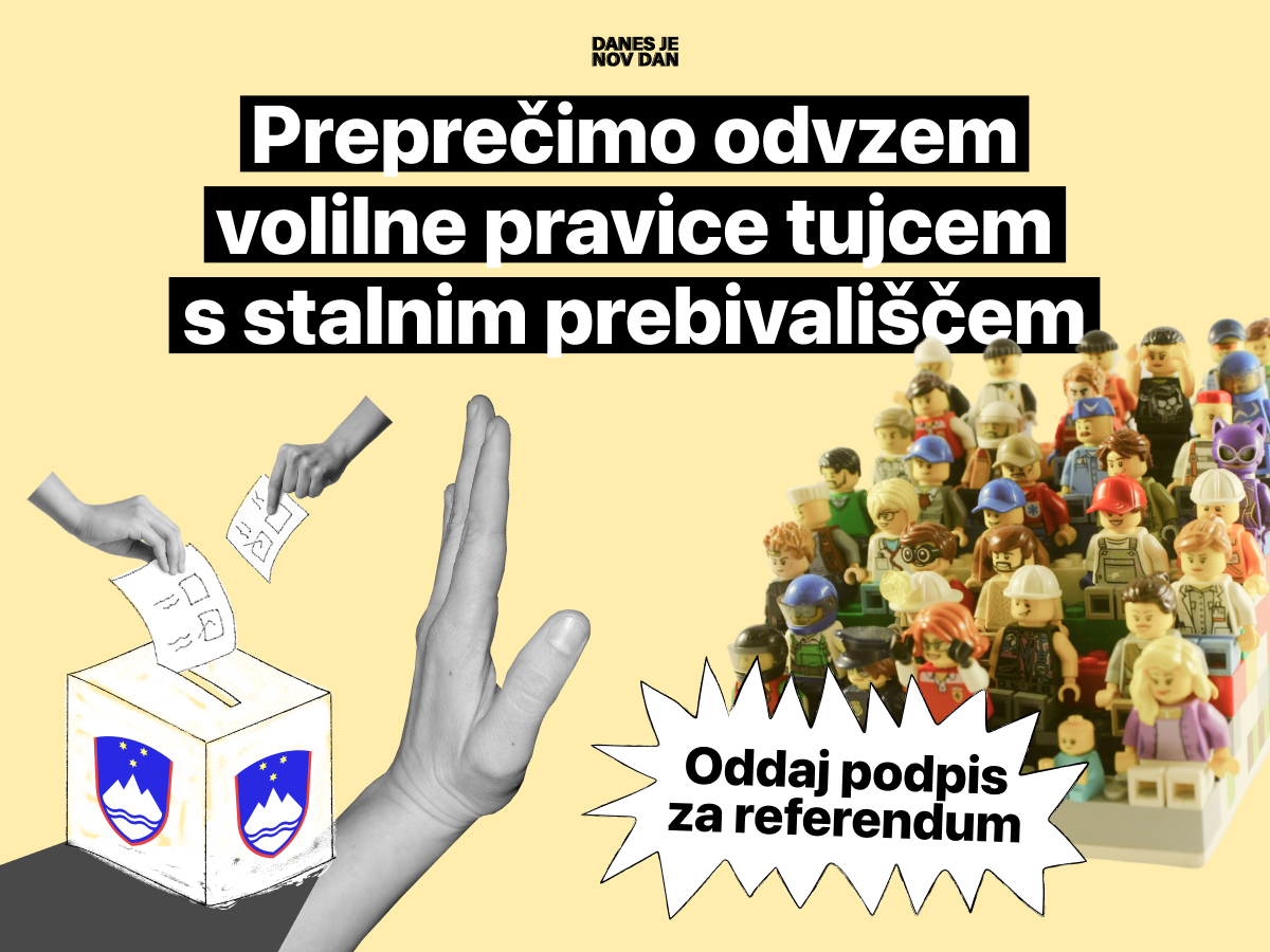 danesjenovdan's tweet photo. PODPIŠI PROTI ODVZEMU VOLILNE PRAVICE TUJECEM S STALNIM PREBIVALIŠČEM! 🚨

DZ je po skrajšanem postopku spremenil zakon o lokalnih volitvah in odvzel volilno pravico številnim, ki v Sloveniji zakonito živijo, delajo in plačujejo davke – a niso državljani.

Zato zbiramo podpise za referendum. Časa je malo, saj moramo do ponedeljka, 22. junija, zbrati 2.500 podpisov, zato šteje čisto vsak! ⚠️

Ker morajo biti v tej fazi podpisi lastnoročni, prenesi obrazec in ga izpolnjenega dostavi na zbirno mesto. Obrazec in informacije o zbirnih mestih najdeš tukaj 👉 https://t.co/7StxOQ3sMt