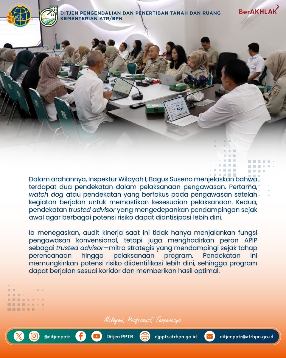 ditjenpptr's tweet photo. Ditjen PPTR dan Inspektorat Jenderal Kementerian ATR/BPN memperkuat sinergi melalui Audit Kinerja (15/6/2026). APIP ditegaskan berperan sebagai trusted advisor yang mendampingi sejak tahap perencanaan guna mewujudkan tata kelola yang efektif, akuntabel, dan berorientasi hasil. https://t.co/G2PqYHsWLp