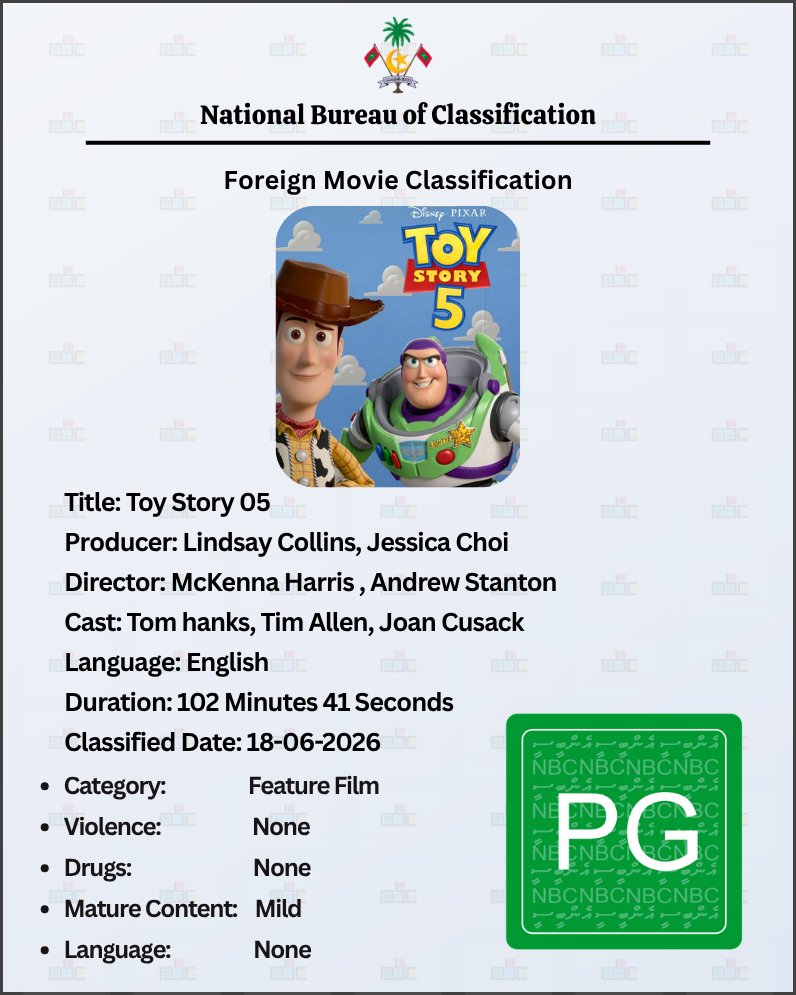 NBCMaldives's tweet photo. Toy Story 5 - Rated PG in Maldives
#classification #nbcmaldives https://t.co/iY5iOJuE6W