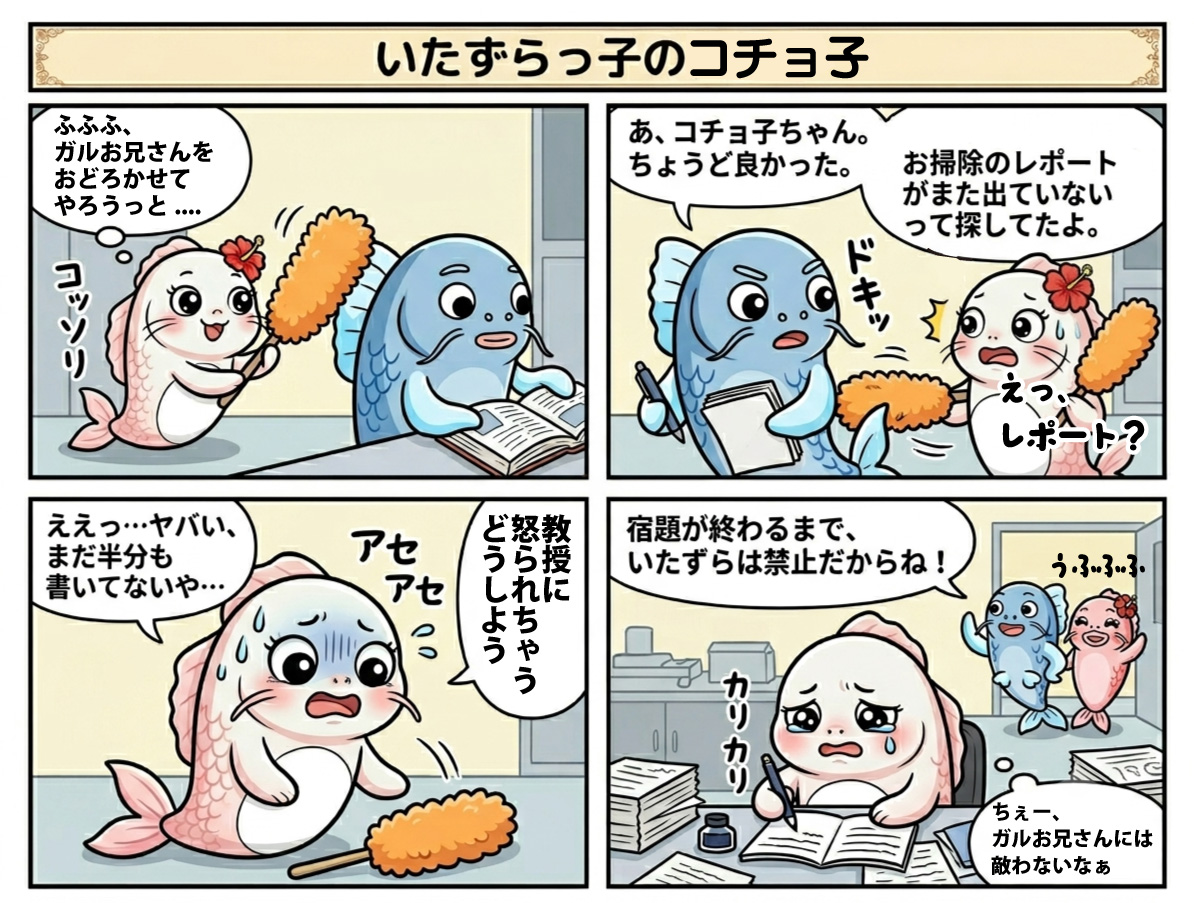 cutefish7's tweet photo. 研究室の日常🐟いたずらを企んだコチョ子ちゃんでしたが、ガルお兄ちゃんが一枚上手😃

宿題が終わるまで、いたずら禁止！
がんばれコチョ子ちゃん！💦

#ガラルファ #４コマ漫画 #いたずらっ子 https://t.co/pu7y4dfzSW