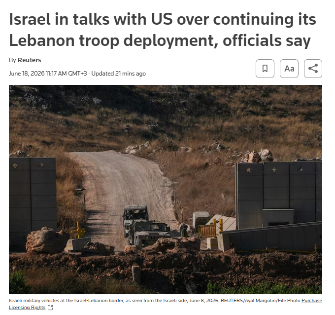 clashreport's tweet photo. Israel is negotiating with the U.S. to keep its troops deployed in southern Lebanon, according to two Israeli officials.

The talks come after a U.S.-Iran interim agreement reaffirmed Lebanon’s sovereignty. 

Israel says it needs to maintain a "security buffer" and is resisting pressure to withdraw forces from areas south of the Litani River.

Source: Reuters