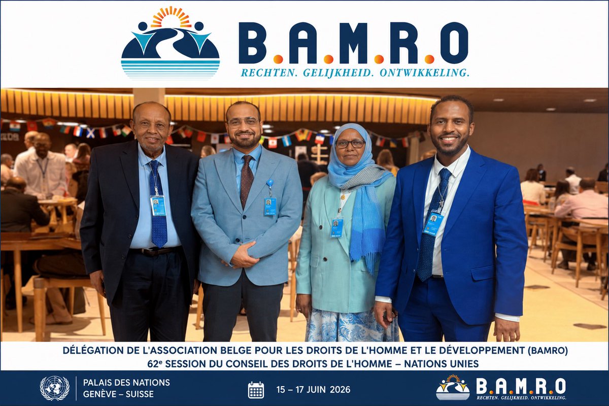 BamroOrg's tweet photo. Rapport sur la participation de la délégation élargie de #BAMRO durant les trois premiers jours de la 62e session du Conseil des droits de l’homme
Genève – 15 au 20 juin 2026
L’Association Belge pour les Droits de l’Homme et le Développement (BAMRO), organisation non gouvernementale dotée du statut consultatif spécial auprès du Conseil économique et social des Nations Unies (ECOSOC), a participé aux trois premiers jours de la 62e session du Conseil des droits de l’homme des Nations Unies tenue au Palais des Nations à Genève.
#BAMRO était représentée par une délégation élargie composée de représentants de l’Association, de défenseurs des droits humains, de chercheurs et d’acteurs de la société civile. Cette participation s’inscrit dans l’engagement constant de BAMRO à renforcer le rôle de la société civile au sein du système international des droits de l’homme et à faire entendre la voix des victimes de violations graves des droits humains à travers le monde.
Au cours des premiers jours de la session, la délégation a concentré ses travaux sur plusieurs dossiers prioritaires, notamment l’Érythrée, le Soudan et la Palestine, tout en participant à la séance d’ouverture du Haut-Commissaire aux droits de l’homme ainsi qu’aux discussions relatives aux défis émergents, notamment l’intelligence artificielle et ses répercussions sur les droits humains.
Premièrement : Une avancée majeure sur le dossier érythréen
Le dossier érythréen a constitué l’un des axes principaux de la participation de #BAMRO à la 62e session du Conseil des droits de l’homme.
Dans une initiative considérée par de nombreux défenseurs des droits humains comme une avancée importante pour la défense des victimes érythréennes, BAMRO a contribué à porter la voix des victimes et de leurs familles au sein des Nations Unies en facilitant la participation de proches de victimes et de personnes affectées par de graves violations des droits humains en Érythrée.
Pour la première fois depuis près de trois décennies, des témoignages directs de proches de victimes érythréennes musulmanes ont été présentés dans le cadre des activités organisées en marge de la 62e session du Conseil des droits de l’homme. Cette initiative a permis de remettre en lumière la souffrance d’une partie importante de la population érythréenne dont les préoccupations sont restées insuffisamment représentées dans les forums internationaux.
Les témoignages ont mis en évidence plusieurs préoccupations majeures, notamment :
▪les détentions arbitraires prolongées ;
▪les disparitions forcées ;
▪les restrictions à la liberté d’expression et d’opinion ;
▪les violations de la liberté de religion ou de conviction ;
▪les restrictions imposées à l’enseignement religieux et à la pratique du culte ;
▪le service national obligatoire à durée indéterminée et ses conséquences sociales et humanitaires ;
▪la situation des réfugiés érythréens dans les pays voisins.
#BAMRO a également participé à un événement parallèle consacré aux violations des droits des chrétiens en Érythrée et aux restrictions touchant la liberté de religion et de conviction. Des rapports et témoignages y ont été présentés concernant les limitations imposées à certaines communautés religieuses ainsi que les arrestations liées à la pratique religieuse.
À travers cette participation, BAMRO a réaffirmé que la protection des droits humains doit s’appliquer à toutes les victimes sans distinction de religion, d’origine ou d’appartenance sociale, conformément aux principes universels des droits de l’homme.
La contribution de BAMRO au dossier érythréen a été saluée par plusieurs défenseurs des droits humains, experts et représentants d’organisations internationales de la société civile qui ont souligné le rôle joué par l’Association dans la mise en lumière des souffrances des victimes et dans le renforcement de l’attention internationale portée à la situation des droits humains en Érythrée.

https://t.co/4JkZQdgKy8