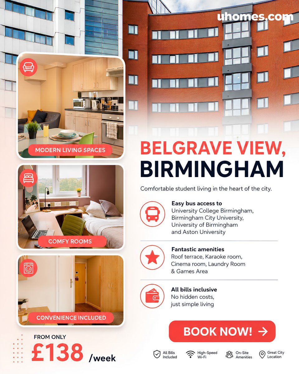 Uhomes_com's tweet photo. Your Birmingham student experience starts here🏡✨

Settle into a space designed for studying, relaxing, and making the most of university life. From comfortable rooms to amazing social amenities, Belgrave View has everything you need under one roof.

📍 Belgrave View, Birmingham
🔑 Book your room with https://t.co/2I12i0Z24f today.

#BelgraveView #StudentAccommodation #StudyInUK #StudentLifeUK #uhomes