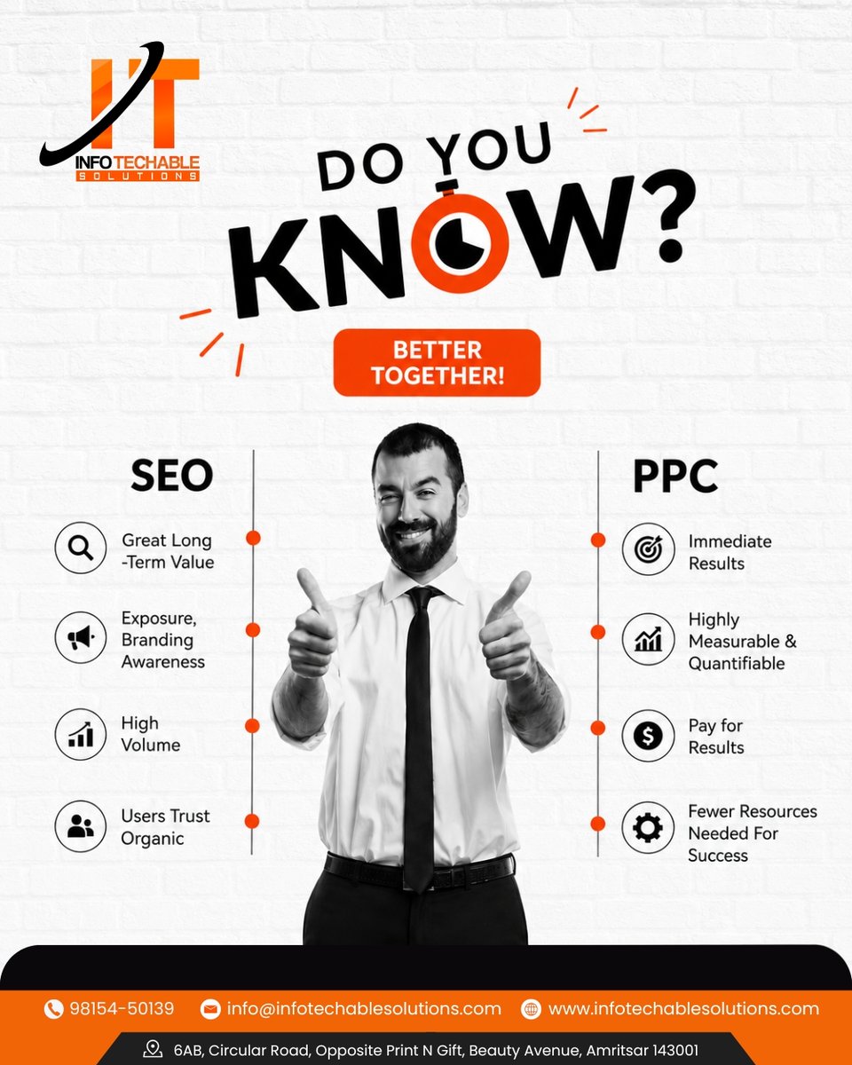 InfoTechableSol's tweet photo. 🚀 SEO or PPC? Why not BOTH!
SEO builds long-term trust &amp; visibility 🌱
PPC brings instant traffic &amp; measurable results ⚡
Together, they create a powerful digital growth strategy for your business. 📈
#SEO #PPC #DigitalMarketing #OnlineGrowth #BusinessSuccess https://t.co/JRPpMD2X8i