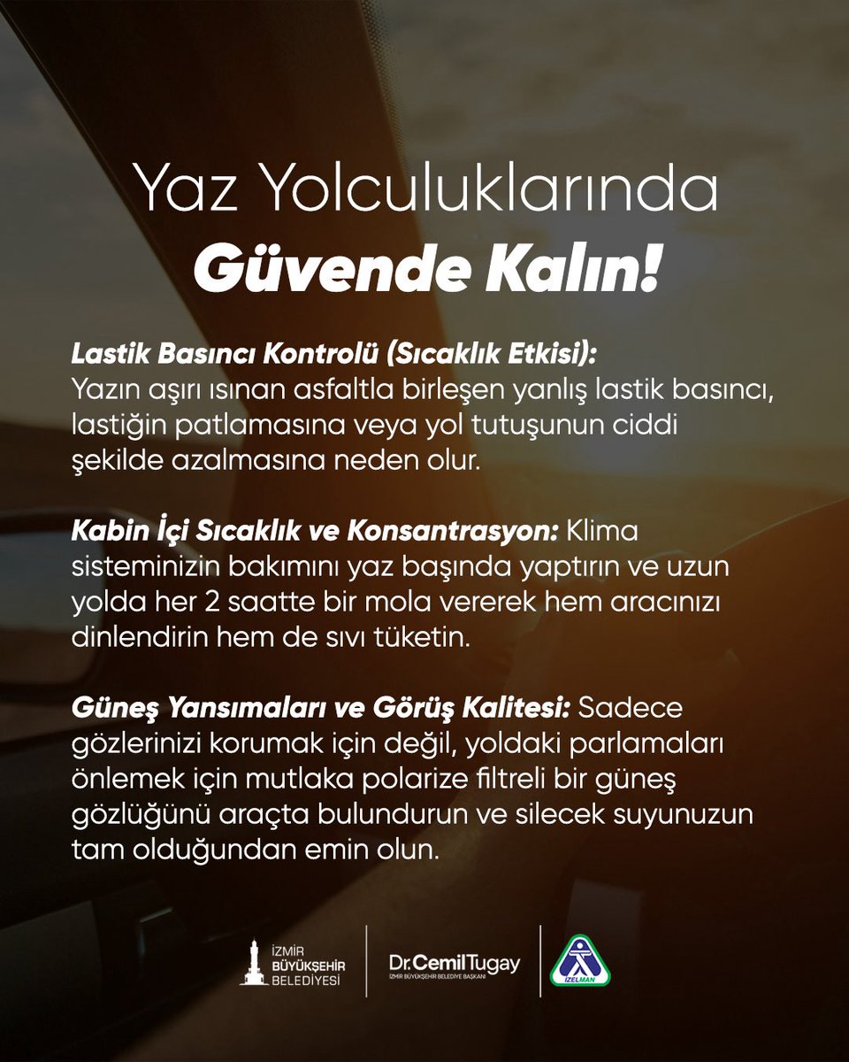 izelmangm's tweet photo. Yaz tatili planları yapıldı, rotalar çizildi! Peki aracınız sıcak havalara hazır mı? Güneşli günlerin tadını çıkarırken sürüş güvenliğinizi riske atmamak için bu 3 altın kuralı unutmayın! ☀️

#İzelman #izmirbüyükşehirbelediyesi https://t.co/mA2N0l9bHg