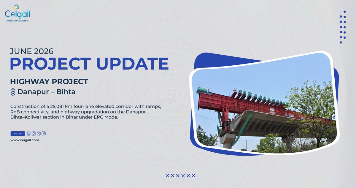 Ceigall_India's tweet photo. June 2026 - Project Update
Project: Danapur Bihta Koilwar Highway Project (DBK)
Scope: Construction of a 25.081 km four-lane elevated corridor with ramps, RoB connectivity, and highway upgradation on the Danapur–Bihta–Koilwar section in Bihar under EPC Mode
Update: Advanced construction is progressing on India's longest continuous flyover as part of the Danapur-Bihta Elevated Corridor project. Reinforcement and foundation work are advancing steadily, marking a significant landmark engineering milestone in the development of this ambitious infrastructure initiative.

#DanapurBihtaHighway #InfrastructureGrowth #ElevatedCorridor #projectupdate