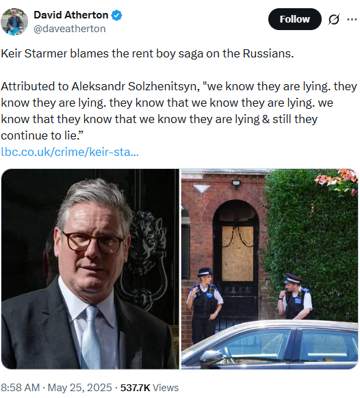 Barthsnotes's tweet photo. And here's Dave Atherton spreading the false "rent boy" story about the Keir Starmer arson last year and rejecting claims of Russian involvement https://t.co/5iuOEBuWho