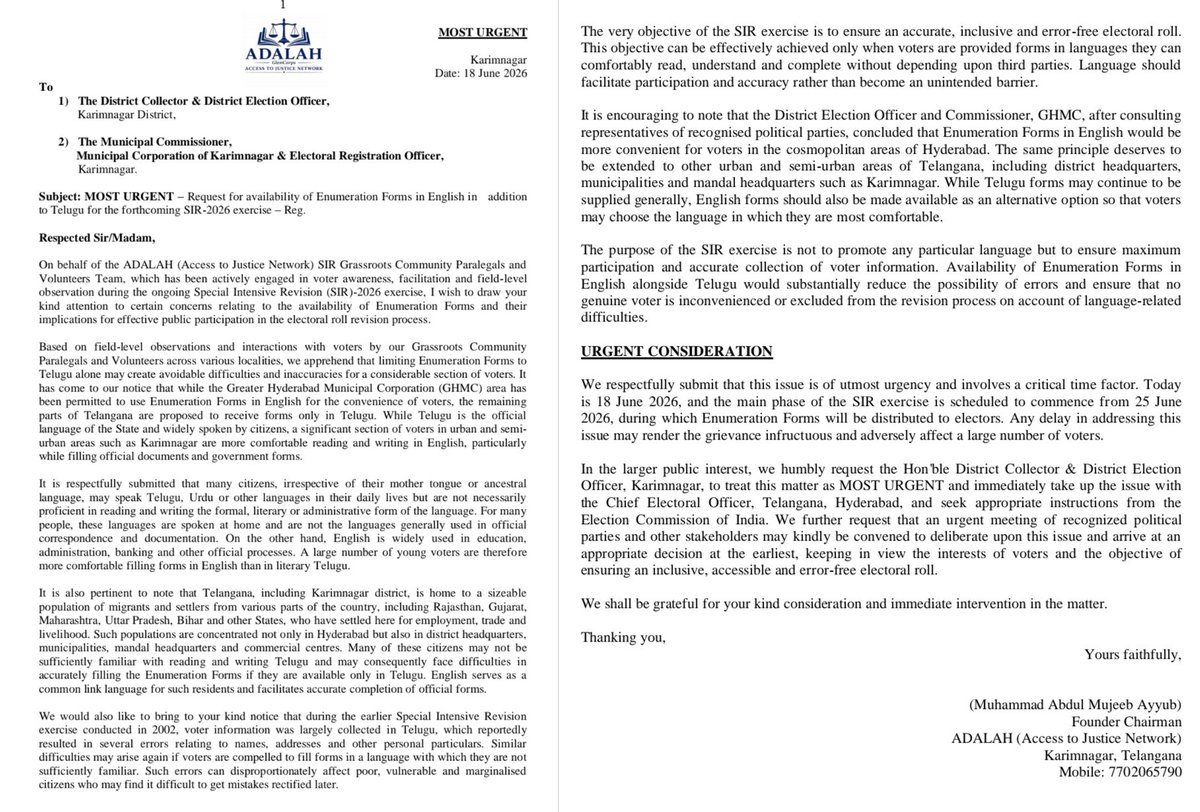 Ayubtherepenter's tweet photo. MOST URGENT - we have urged @Collector_KNR and @MC_Karimnagar to immediately take up with @CEO_Telangana the issue of making Enumeration Forms available in English alongside Telugu in Karimnagar. With SIR forms to be distributed from 25 June, immediate intervention - Req https://t.co/ZqbQuiJ1wv