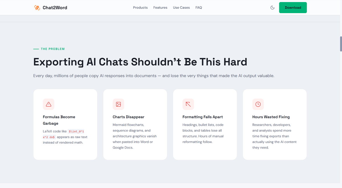 aiwhaler's tweet photo. Any complex formulas, charts, long texts, etc. generated by AI will be converted into well-formatted Word, PDF, and Excel files. Chat2Word will help you wrap up, so don't be frustrated by messy formulas and poorly formatted charts output by AI. https://t.co/PhusOHo7f7