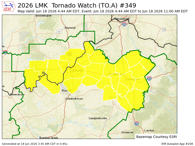 iembot_lmk's tweet photo. LMK issues Tornado Watch for Anderson, Bourbon, Bullitt, Clark, Fayette, Garrard, Jessamine, Madison, Mercer, Spencer, Woodford [KY] till Jun 18, 11:00 AM EDT https://t.co/sSAi1Wnsob https://t.co/Us5IyMmXMu