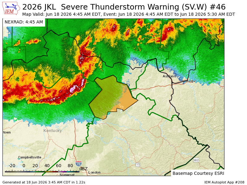 iembot_jkl's tweet photo. JKL issues Severe Thunderstorm Warning [tornado: POSSIBLE, damage threat: CONSIDERABLE, wind: 70 MPH (RADAR INDICATED), hail: 0.88 IN (RADAR INDICATED)] for Bath, Fleming, Montgomery, Rowan [KY] till 5:30 AM EDT https://t.co/kP9ROZLlTZ https://t.co/N1TYRsa6jq