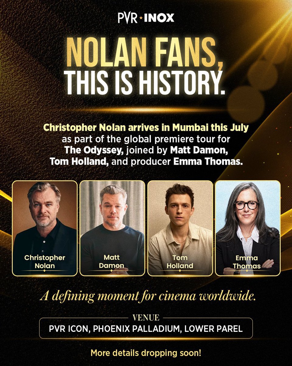TheCinesthetic's tweet photo. THE ODYSSEY is expected to make history as the first Christopher Nolan film to premiere in India.

Christopher Nolan, Matt Damon, and Tom Holland are reportedly expected to visit Mumbai in July as part of the film’s global promotional tour. 🇮🇳🎬⚔️ https://t.co/bJMNWvd7S5