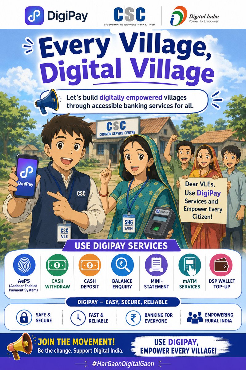 uditsharma60's tweet photo. 🏦 Banking at Every Doorstep!
Use DigiPay for AePS, Cash Withdrawal, Cash Deposit, Balance Enquiry, Mini Statement, mATM & DSP Wallet Top-Up.
🌟 Every Village, Digital Village 🌟
#DigiPay #CSC #DigitalIndia #HarGaonDigitalGaon https://t.co/StDL7xAtV9