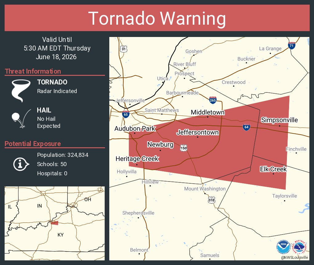 NWStornado's tweet photo. Tornado Warning including Jeffersontown KY, Middletown KY and  Douglass Hills KY until 5:30 AM EDT https://t.co/OvwgEgnFuy