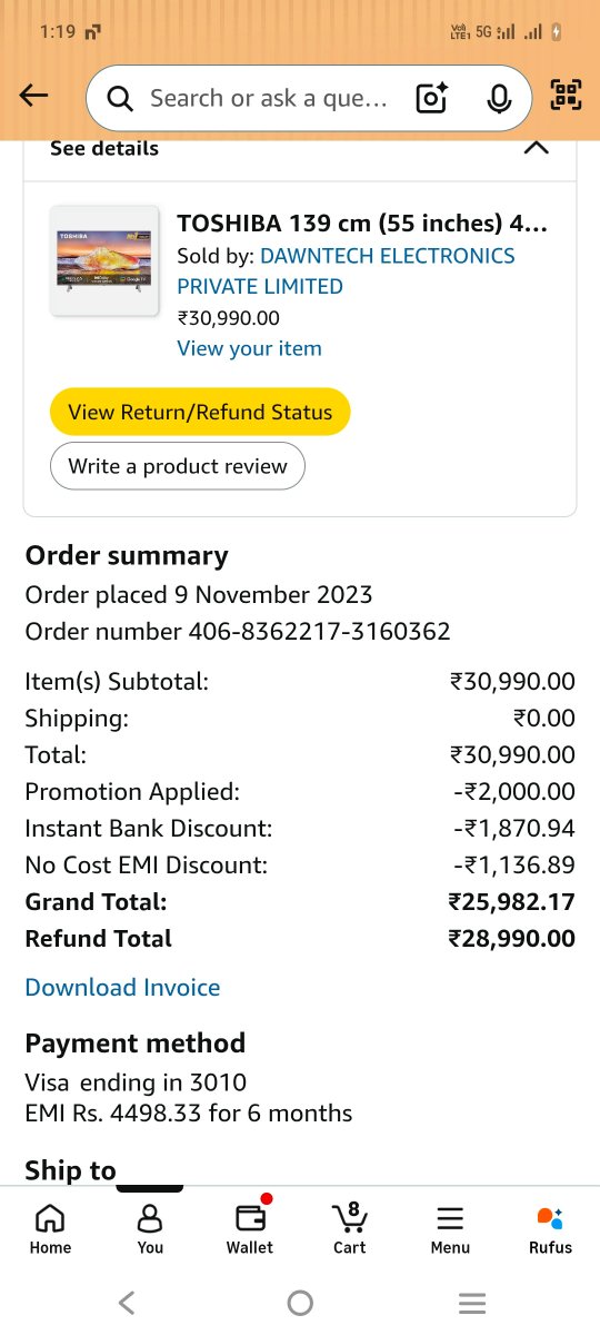 Kumar05Aditya's tweet photo. @AmazonHelp We have very sad and my refund failed then provided manually who is mismatch and less from automatically refund against check attachment screenshots where showing actually calculation against 6month No cost emi intrest provided and add but manual team provided only 25774 . https://t.co/CmtTsCc9Av