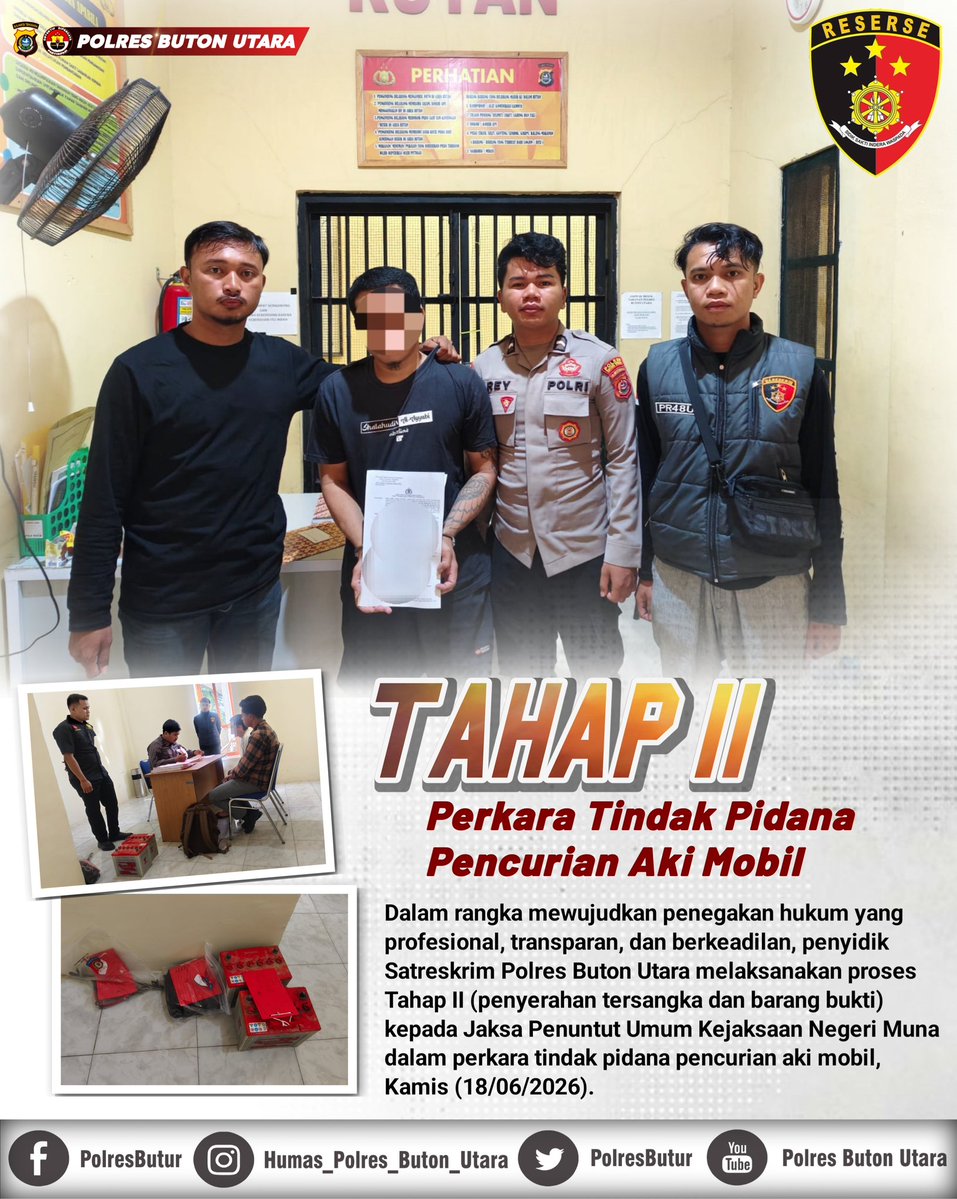 PolresButur's tweet photo. Satreskrim Polres Buton Utara Tuntaskan Berkas, Tersangka Kasus Pencurian Diserahkan ke JPU
.
.
#PolriUntukMasyarakat #SatreskrimButur #PenegakanHukum #PolresButur #PolisiIndonesia #PolisiHumanisPresisi #DivhumasPolri #BidhumasPoldaSultra https://t.co/zcl5GRHV0O