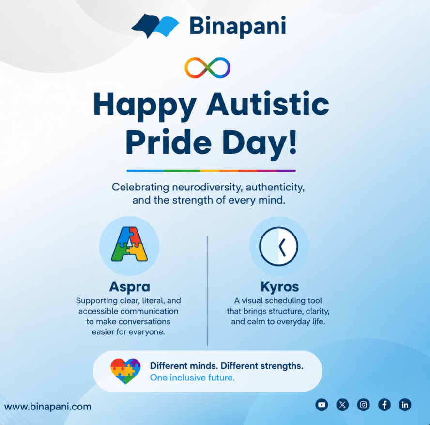 binapani_edu's tweet photo. Today is #AutisticPrideDay 🌈

We celebrate neurodiversity, self-advocacy, and authentic identity.
At Binapani, we're building tools that support inclusion:
Different minds. Different strengths. One inclusive future. 💙

#Neurodiversity #Accessibility #AutisticJoy #Aspra #Kyros https://t.co/dYxzRj8zky