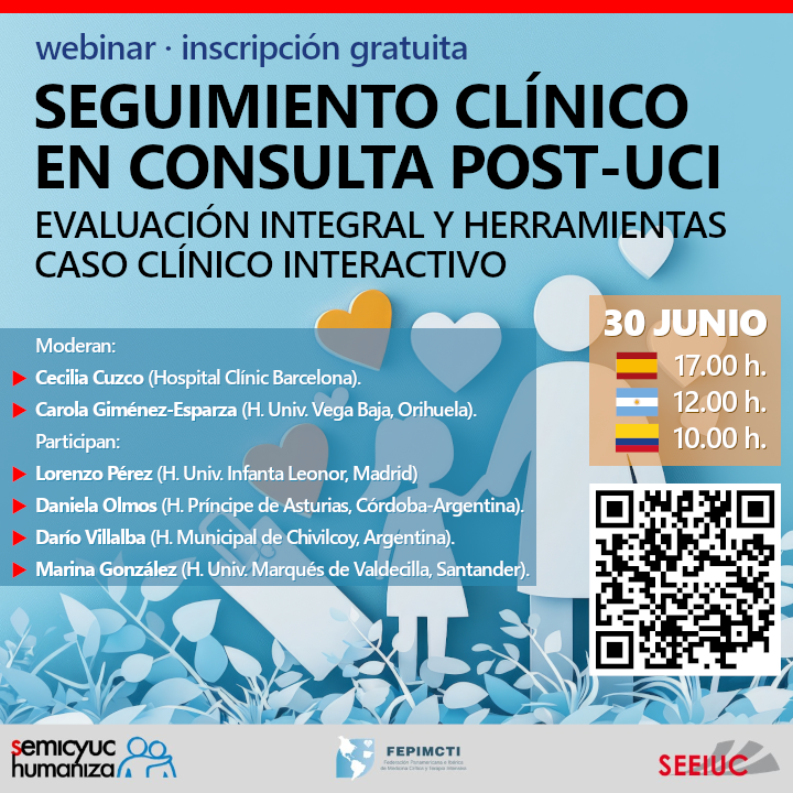 Fepimcti's tweet photo. El 30 de junio, la FEPIMCTI participa del webinar de SEMICYUC Humaniza sobre Seguimiento clínico en la consulta Post-UCI: evaluación integral y herramientas. Caso clínico interactivo con expertos. ¡No se lo puede perder! 
Inscripción sin costo https://t.co/DiB4u36cVG https://t.co/hLHoZX3yRa