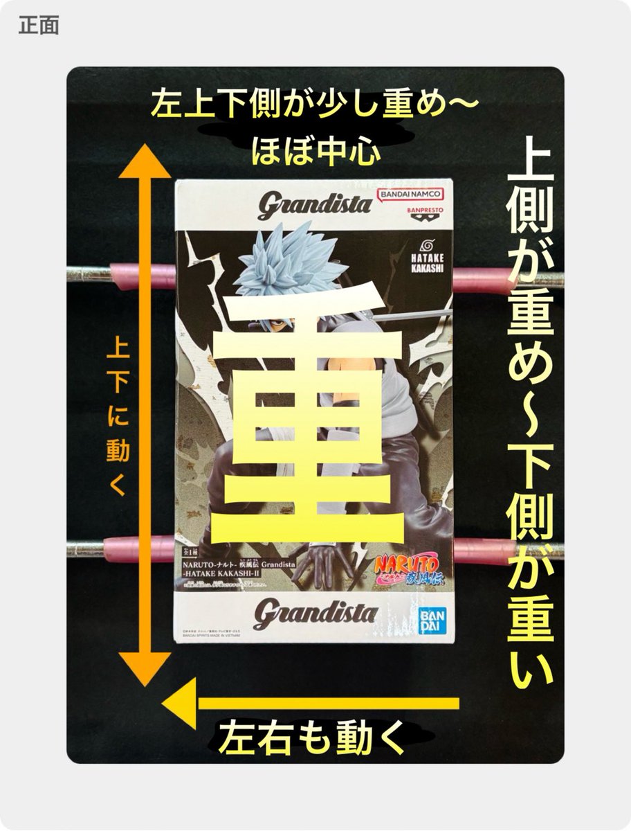 831suky's tweet photo. NARUTO ナルト 疾風伝 Grandista 
はたけカカシ Ⅱ フィギュア 暗部

暗部のカカシ、カッコいいですよね🤔✨
自立出来るのも素晴らしいです😊✨

【獲得個体の重心情報】

・表裏は動く(約1cm程)が、
　裏面側が重い

・上下も動く(約4.5cm程)ので、
　上側が重め〜下側が重い、に変わる

・左右も動く(約8mm程)が
　外箱表面側から見て、
　左上下側が少し重め〜ほぼ中心でした🤔

⚠️右側が重めの個体もあるとの事なので、中身の入れ方に個体差がある可能性が高いです⚠️

※重量:約546g

※箱:150×140×250

#重心情報 #フィギュア