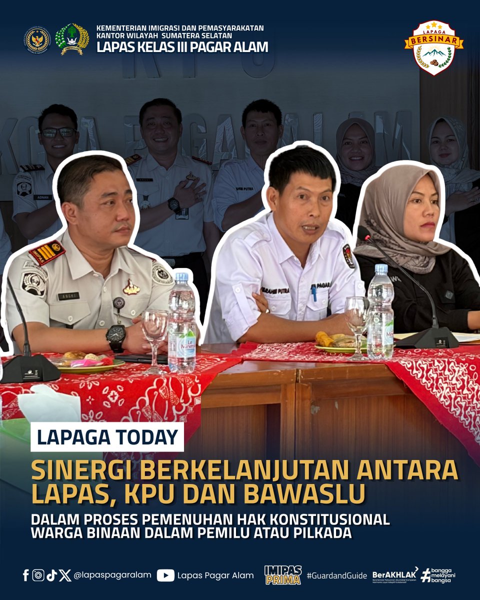 lapaspagaralam's tweet photo. 🗳️ Lapas Kelas III Pagar Alam melaksanakan Audiensi ke KPU Kota Pagar Alam bersama jajaran komisioner dan Bawaslu 🤝. Kegiatan ini membahas pendataan serta pemenuhan hak pilih warga binaan sebagai wujud komitmen menjamin hak konstitusional dan memperkuat sinergi antar instansi https://t.co/ojOs0MCwn4
