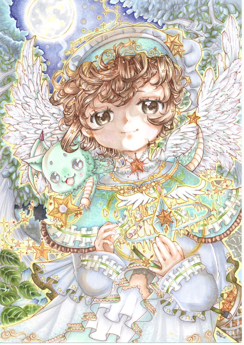 満月の夜の森で、人々を優しい光へ導く“子”を描きました🌙 星の輝きや