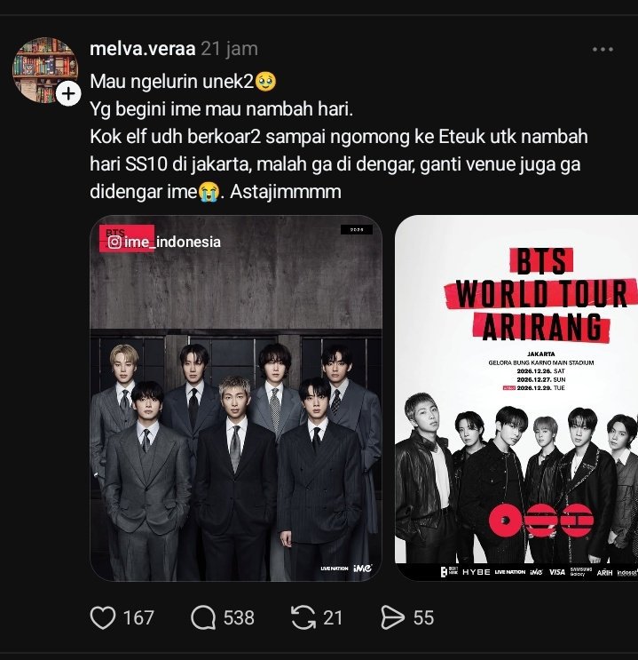 lemuru_'s tweet photo. Mbak melva grup yg kamu bilang 
"YANG BEGINI"  Bisa nambah hari.  

Ime nambah hari karena untung dan mpact nya gede itu pasti, makanya ukuran stadium dan tiket mahal ime berani nambah hari... Berati udah jelas penjualannya tinggi dan keuntungan tinggi. 

Siapa sih dalam bisnis mau rugi bandar orang pasti juga mikir2. 
Mau lu triak2 ngadu ke sana sini kalo promotor gak dapet untung lebih ya mana mau.