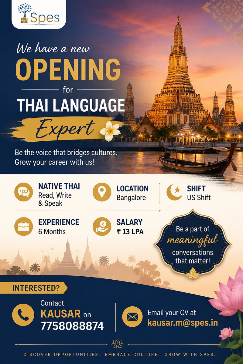 Spes_Jobs's tweet photo. #HiringNow #ThaiLanguageExpert #ThaiJobs #BangaloreJobs #USShiftJobs #LanguageExpert #MultilingualCareers #InternationalHiring https://t.co/tOHdztA7TE
