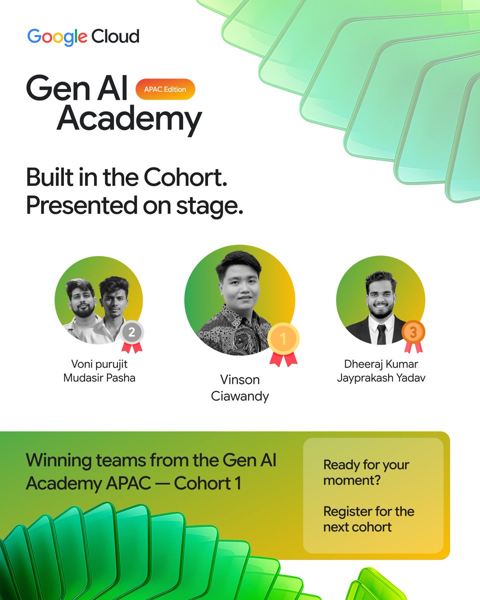 GoogleCloud_SG's tweet photo. Built in the cohort. Presented on stage. 🎤

Massive congratulations to our #GenAIAcademy Cohort 1 hackathon winners: Jangan Tanya Kapan Nikah, When I'm with You, and Dheeraj Kumar Jayprakash Yadav! 🏆

Ready for your moment? Join the next cohort 👇 https://t.co/DMiDW53CyX https://t.co/vmSorc5Oo0