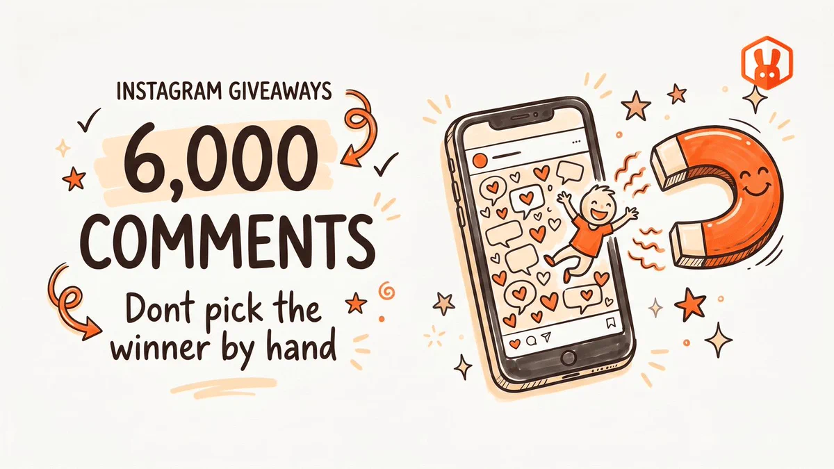 Promotional graphic for Instagram giveaways reading "6,000 comments — Don't pick the winner by hand," showing a smartphone filled with hearts and comment bubbles, a joyful person popping from the screen, and a smiling horseshoe magnet pulling them out.
