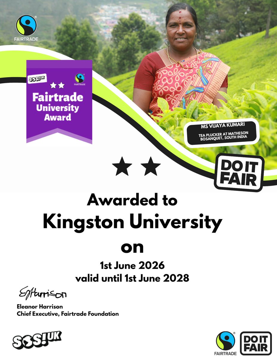 KingstonUni's tweet photo. We’ve retained our 2-star Fairtrade University Award, recognising the commitment of students and staff to fairness and sustainability. 

The Award celebrates embedding Fairtrade across the University.

We look forward to building on this progress towards a fairer future. https://t.co/4SAZag7yBe