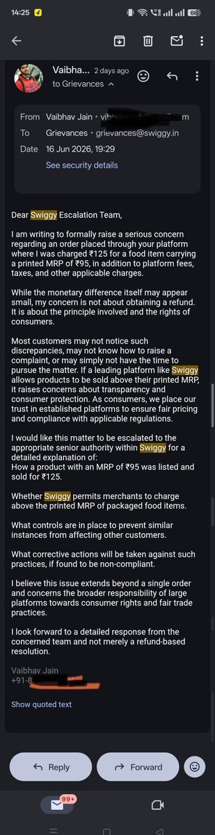 vibhu95's tweet photo. @SwiggyCares @Swiggy @jagograhakjago Waiting for a reply on this.
Have you still correct your price which matches with MRP.

 Screenshot Attached. https://t.co/ApQsiTiUIT