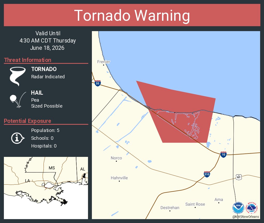 NWStornado's tweet photo. Tornado Warning continues for St. Charles Parish, LA until 4:30 AM CDT https://t.co/UPJkcsi7pd