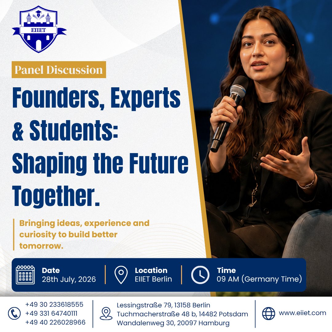 eiietberlin's tweet photo. Join us for an inspiring panel discussion where founders, experts, and students come together to exchange ideas, share experiences, and shape a better future through meaningful conversations.
📅 Tuesday, 28th July 2026
🕘 09:00 AM (Germany Time)
📍 EIIET Berlin https://t.co/hEs8IbIrdx