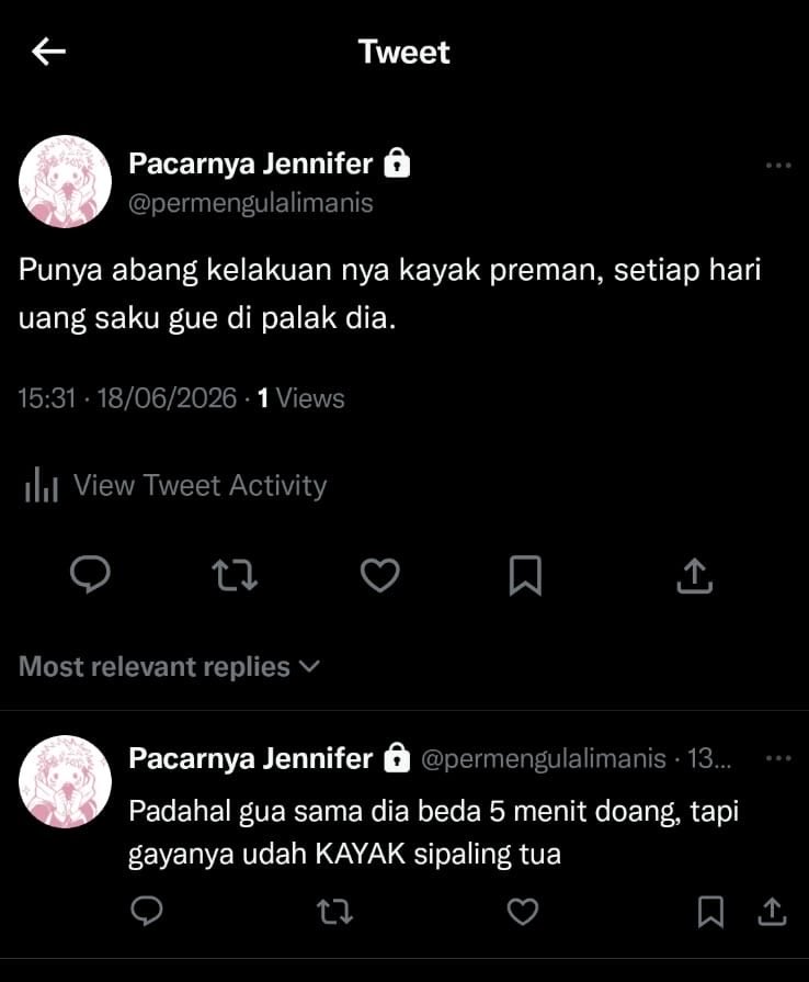 ailethly's tweet photo. #sukuita #skit Lokal au;
!NSFW 🔞

Punya abang kelakuan nya kayak preman pasar. https://t.co/I6Cgux3cqX