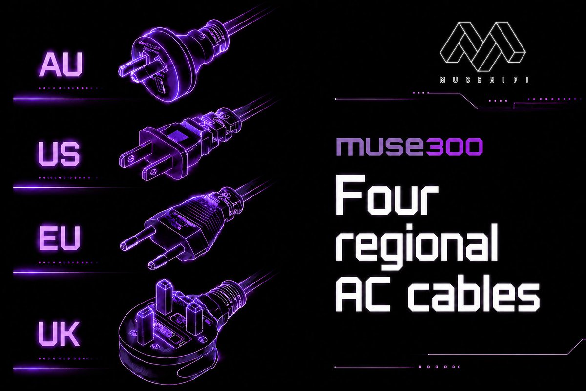 musehifi_jp's tweet photo. 箱から出して、すぐに世界中で使える。🌍

MUSE 300には、
【US/UK/AU/EU】4種類のACケーブルを同梱。

使用環境に合わせて、よりスムーズにセットアップできます。🔌

🌐MUSE HiFi: https://t.co/kmPS48CYi3
🚀ここで応援：https://t.co/gQtAqzLAxC

#MUSEHiFi #MUSE300 https://t.co/1XXPLN3FHu