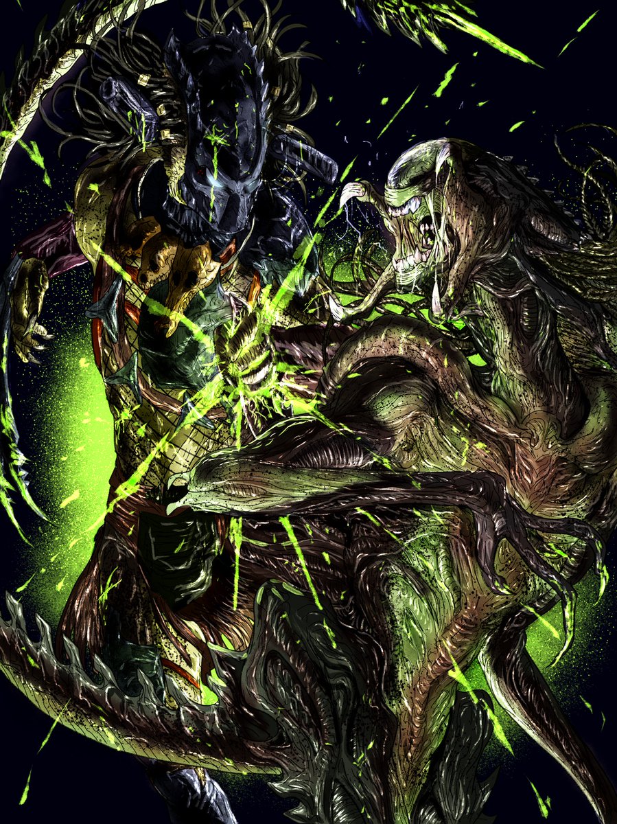 kaijyu_rakugaki's tweet photo. AVP2から、プレデター（ウルフ）
VSプレデリアンを書きました。
酸の血で危なっかしい戦法になってしまいました（笑）
＃プレデター
＃エイリアン https://t.co/6NtjO165vd