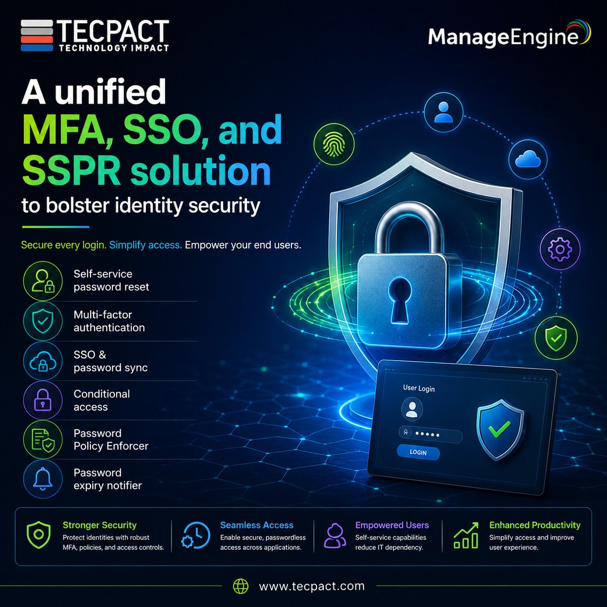 Tecpact's tweet photo. 🔐 Secure every login. Simplify access. Empower your end users. 🔐
TECPACT brings you a unified MFA, SSO, and SSPR solution to bolster identity security.
Self-service password reset | Multi-factor authentication | SSO & password sync.
#CyberSecurity #ManageEngine #TECPACT https://t.co/p72Jzyw033