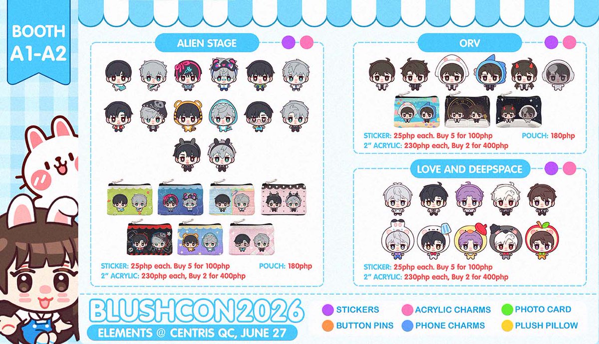 bbunbuns's tweet photo. ✨MERCH CATALOGUE✨
[ RTs are 🩵 appreciated ]

My catalogue for @BlushCon ( ◡̀_◡́)ᕤ 🍌🍆

🛍️Alien Stage, ORV, LADS, Link Click &amp; BL Ships

🥕Table A1-A2
🥕June 27, 2026
🥕Elements at Eton Centris, QC

#BlushCon2026 https://t.co/ehnf6Ds4c5